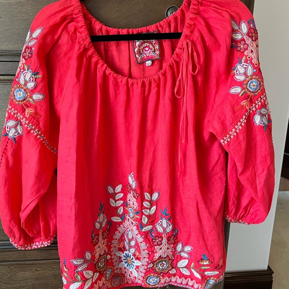 Johnny Was Orangeish embroidered blouse